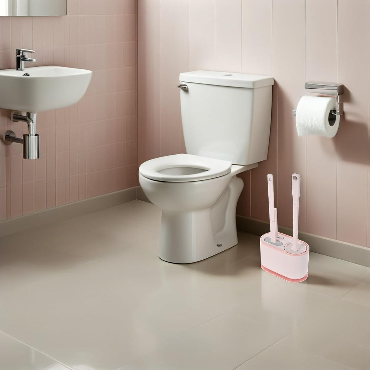 Wall Mounted Toilet Brush and Holder Set Long Handle Toilet Bowl Scrubber with Stiff Bristles Pink Bathroom Cleaning Tool for Deep and Restroom Maintenance