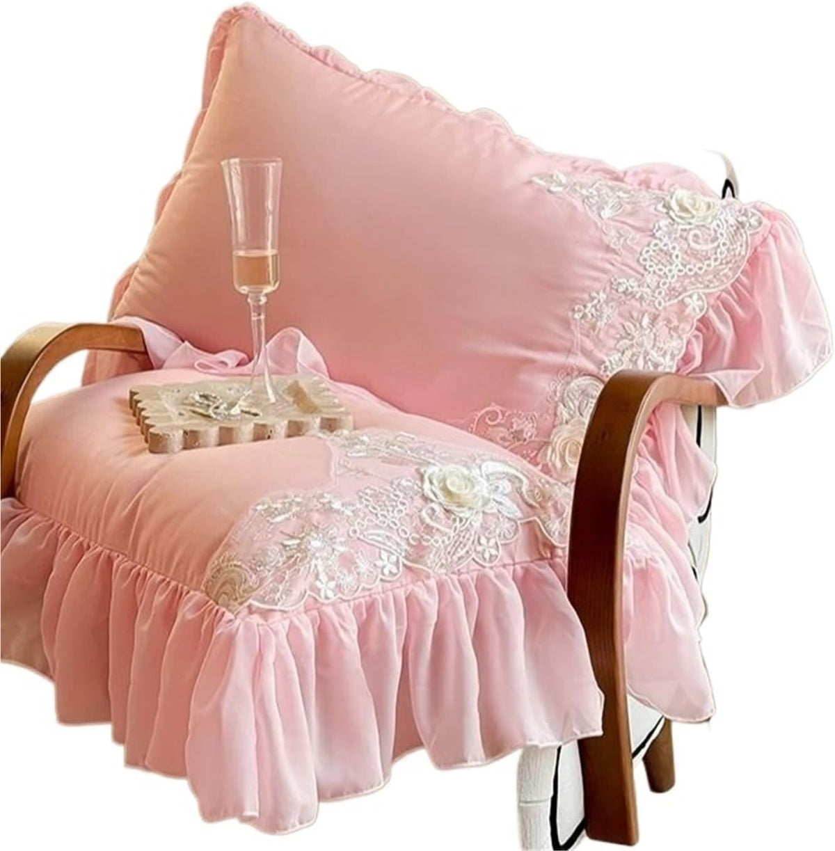Ruffle Pillow Shams 2Pcs Pink White Rose Embroidery Lace Ruffles Pillowcases Cotton Pillow Cover Sweet Princess Decor Bedroom Pillowslip(Pink)