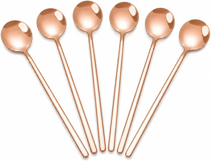 6.9-Inch Long Handle Coffee Spoons, Set of 6 Stainless Steel Stirring Spoons for Iced Tea, Desserts & Milk Tea, Premium Round Head Mixing Spoon for Tall Glasses (ROSE GOLD)