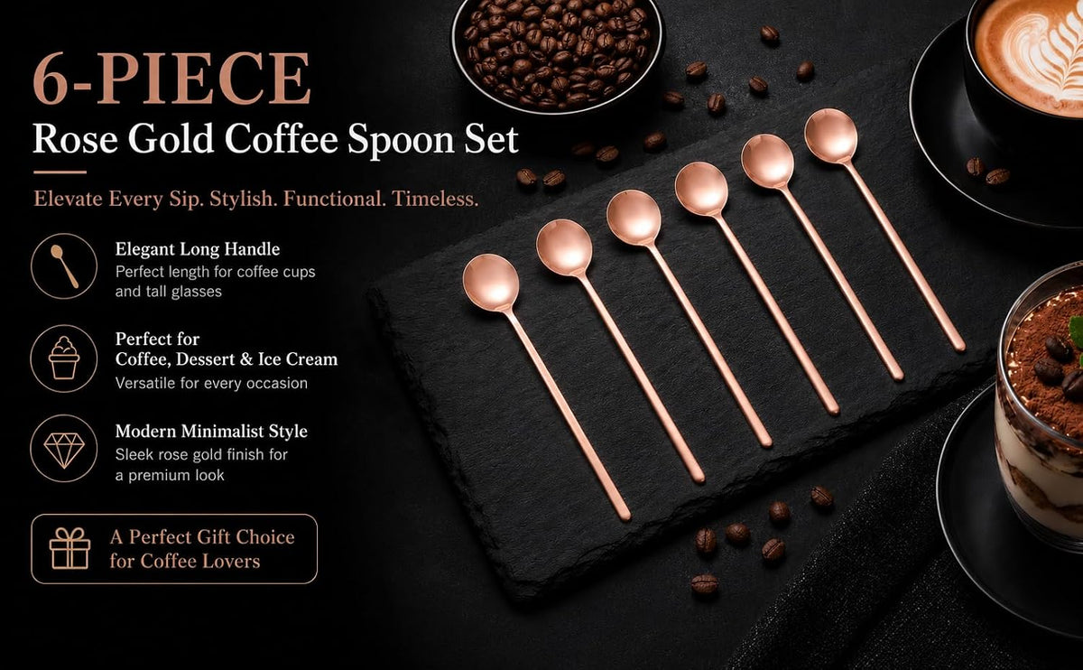 6.9-Inch Long Handle Coffee Spoons, Set of 6 Stainless Steel Stirring Spoons for Iced Tea, Desserts & Milk Tea, Premium Round Head Mixing Spoon for Tall Glasses (ROSE GOLD)