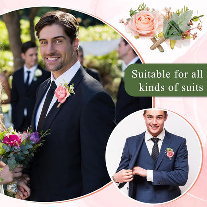 36 Pcs Rose Boutonnieres for Men Wedding, Peach Pink