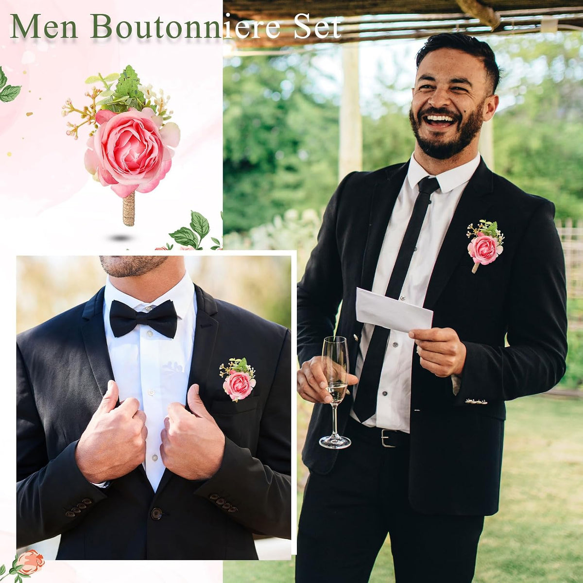 36 Pcs Rose Boutonnieres for Men Wedding, Peach Pink