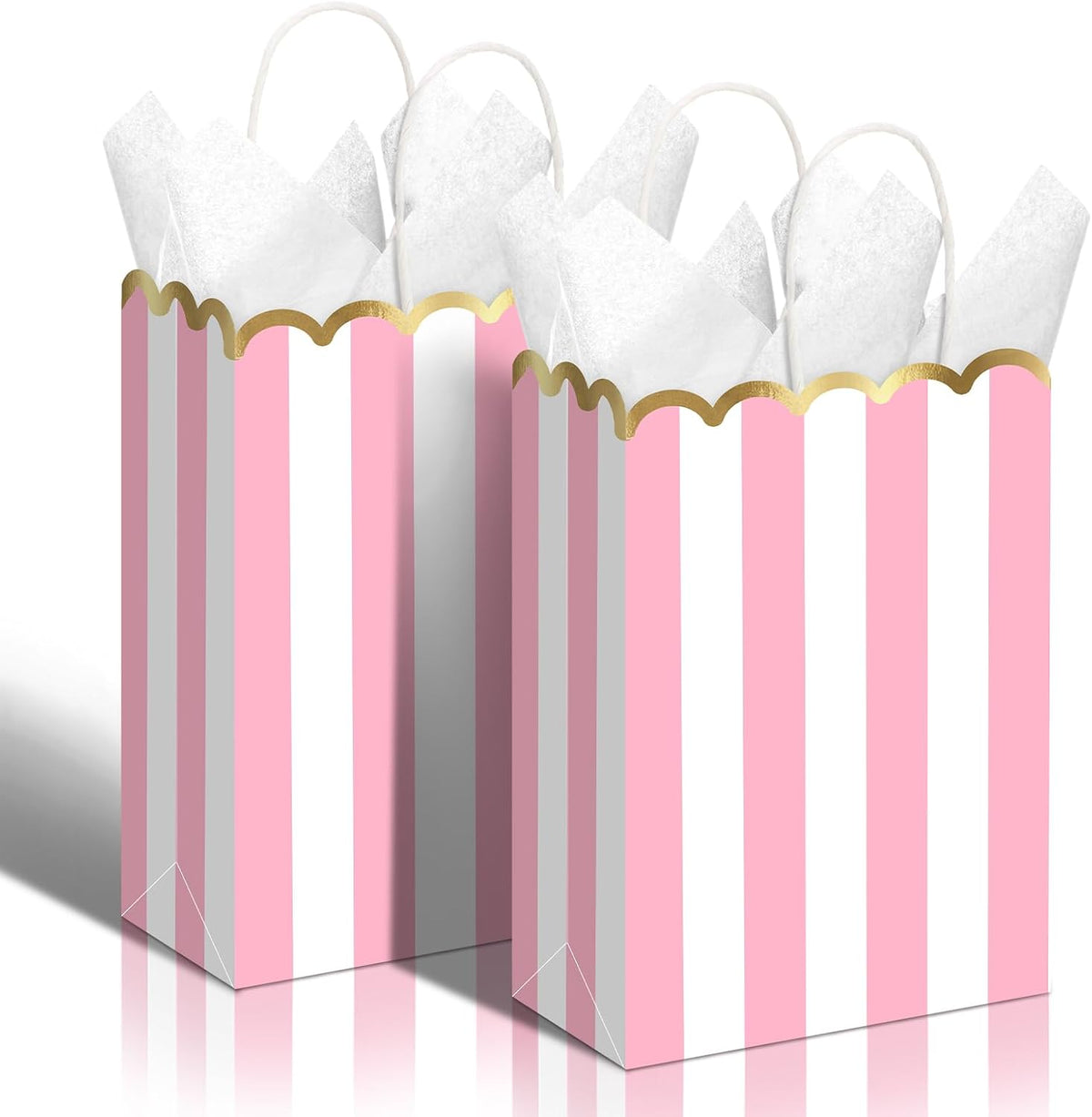 24 Pcs Pink and White Striped Gift Bags with Handles Gold Scalloped Edge Candy Goodie Treat Bags for Carnival Party Favors Circus Themed Birthday Supplies