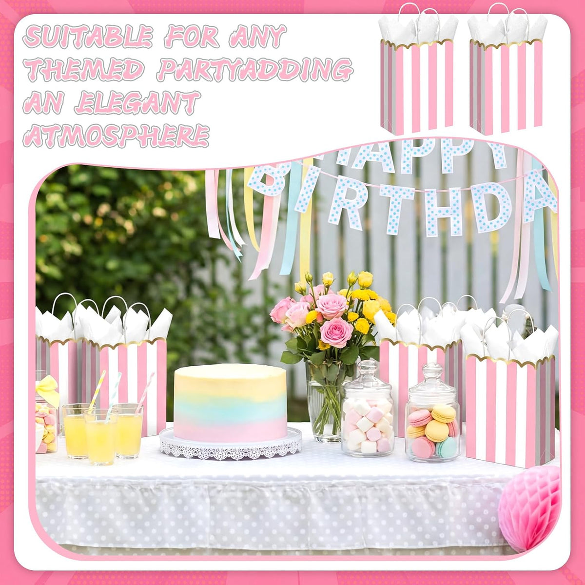 24 Pcs Pink and White Striped Gift Bags with Handles Gold Scalloped Edge Candy Goodie Treat Bags for Carnival Party Favors Circus Themed Birthday Supplies