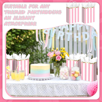 24 Pcs Pink and White Striped Gift Bags with Handles Gold Scalloped Edge Candy Goodie Treat Bags for Carnival Party Favors Circus Themed Birthday Supplies