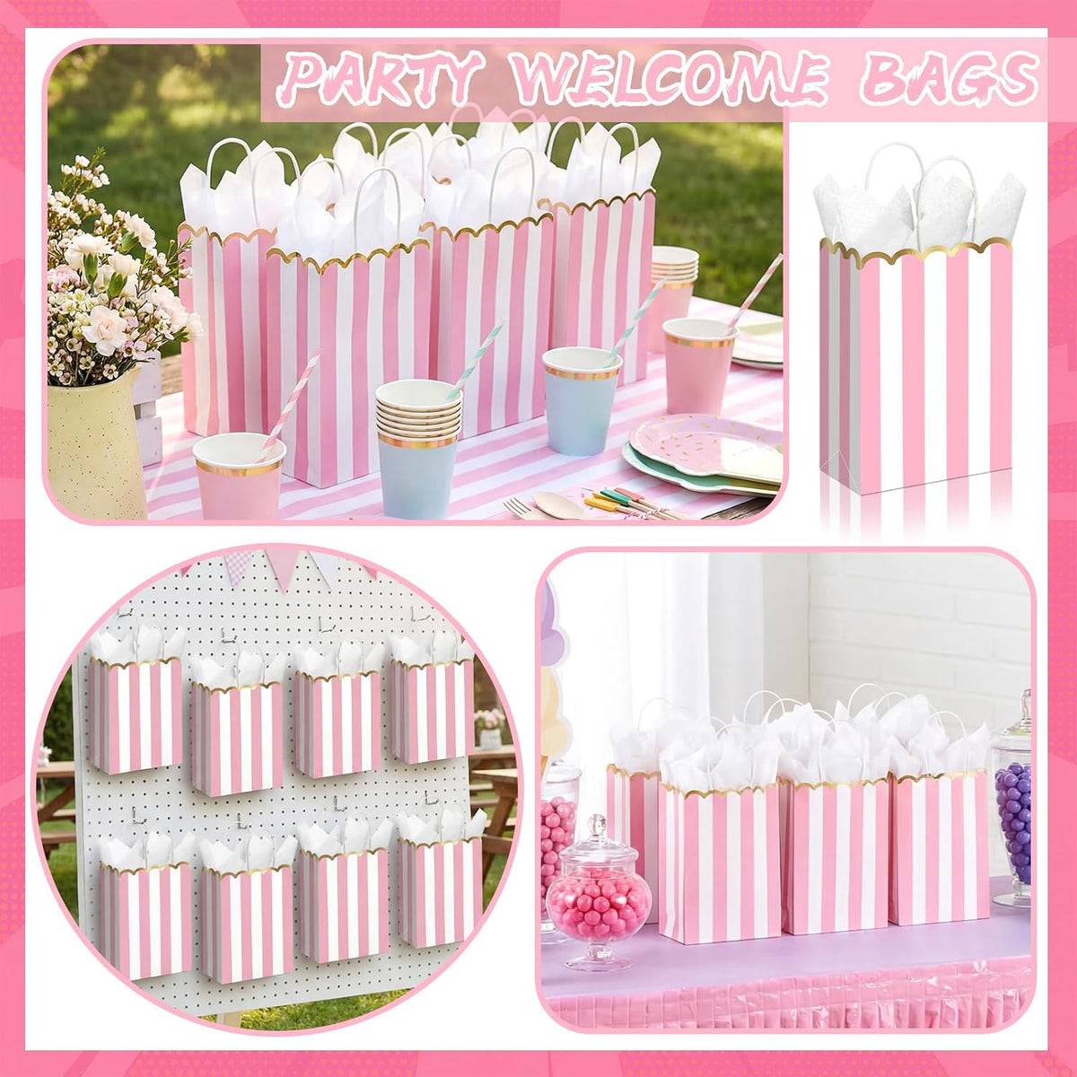 24 Pcs Pink and White Striped Gift Bags with Handles Gold Scalloped Edge Candy Goodie Treat Bags for Carnival Party Favors Circus Themed Birthday Supplies