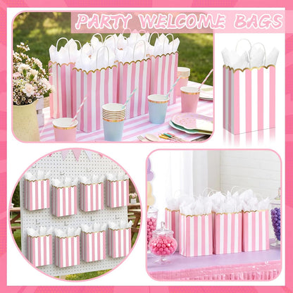 24 Pcs Pink and White Striped Gift Bags with Handles Gold Scalloped Edge Candy Goodie Treat Bags for Carnival Party Favors Circus Themed Birthday Supplies