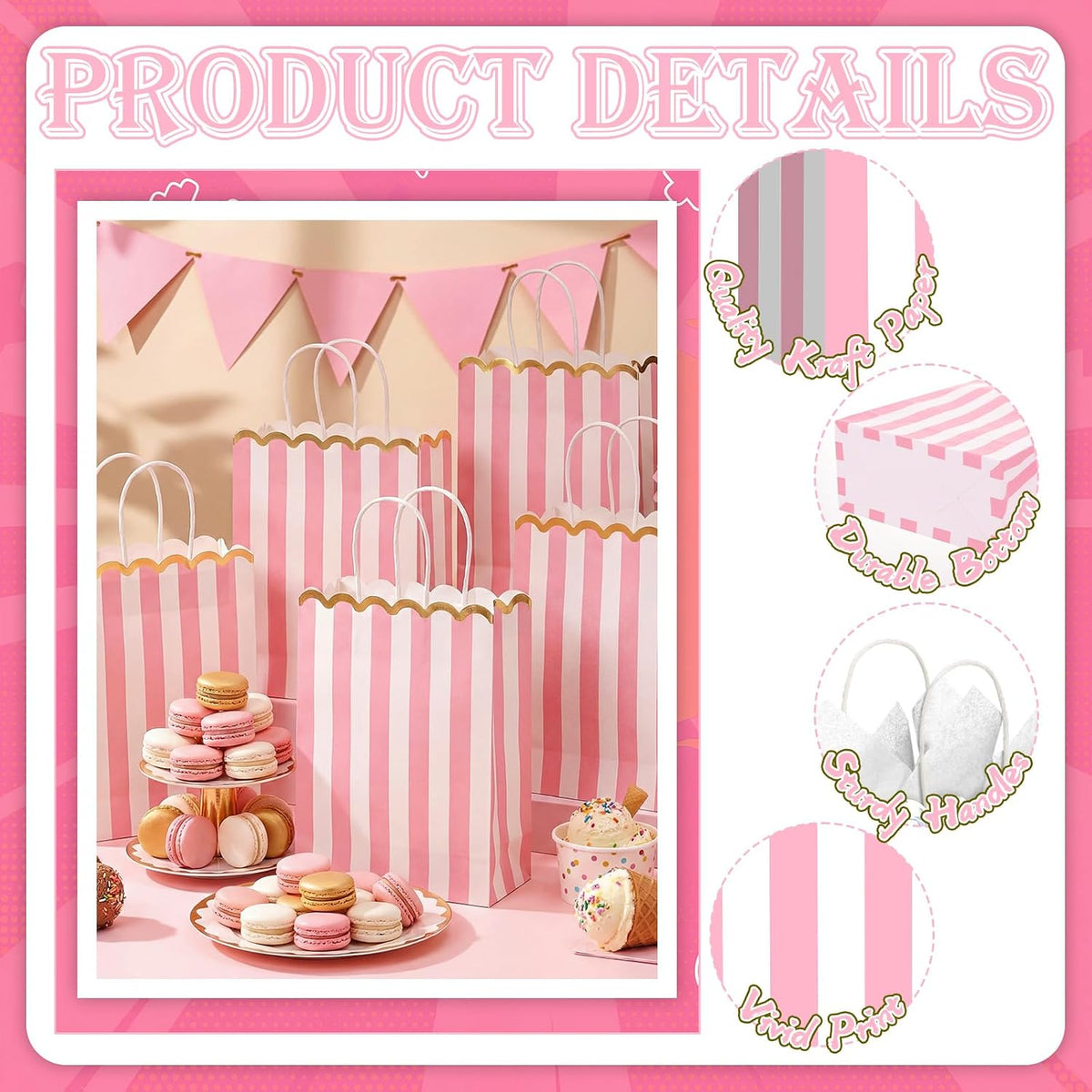 24 Pcs Pink and White Striped Gift Bags with Handles Gold Scalloped Edge Candy Goodie Treat Bags for Carnival Party Favors Circus Themed Birthday Supplies