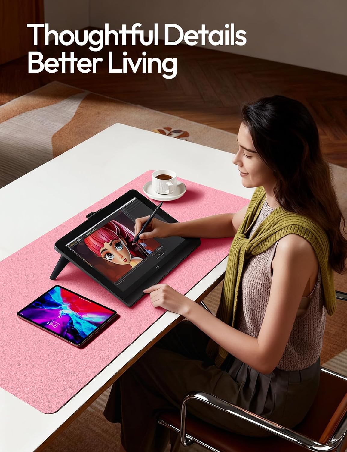 Leather Desk Pad Protector, Large Mouse Pad, Non-Slip PU Leather Desk Blotter, Laptop Desk Pad/Mat, Waterproof Writing Pad for Office and Home (23.6" x 13.8", Pink)