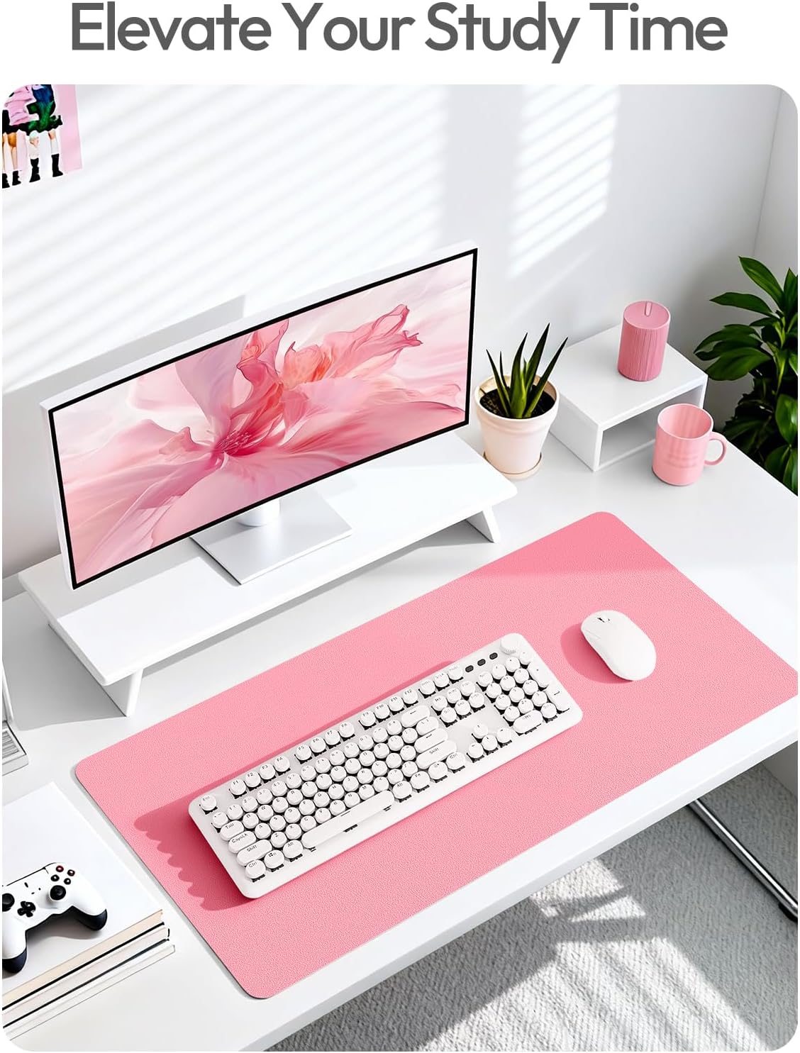 Leather Desk Pad Protector, Large Mouse Pad, Non-Slip PU Leather Desk Blotter, Laptop Desk Pad/Mat, Waterproof Writing Pad for Office and Home (23.6" x 13.8", Pink)