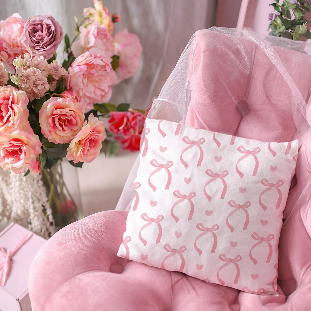 Pink Coquette Bow Pillow Cover for Preppy Room Decor