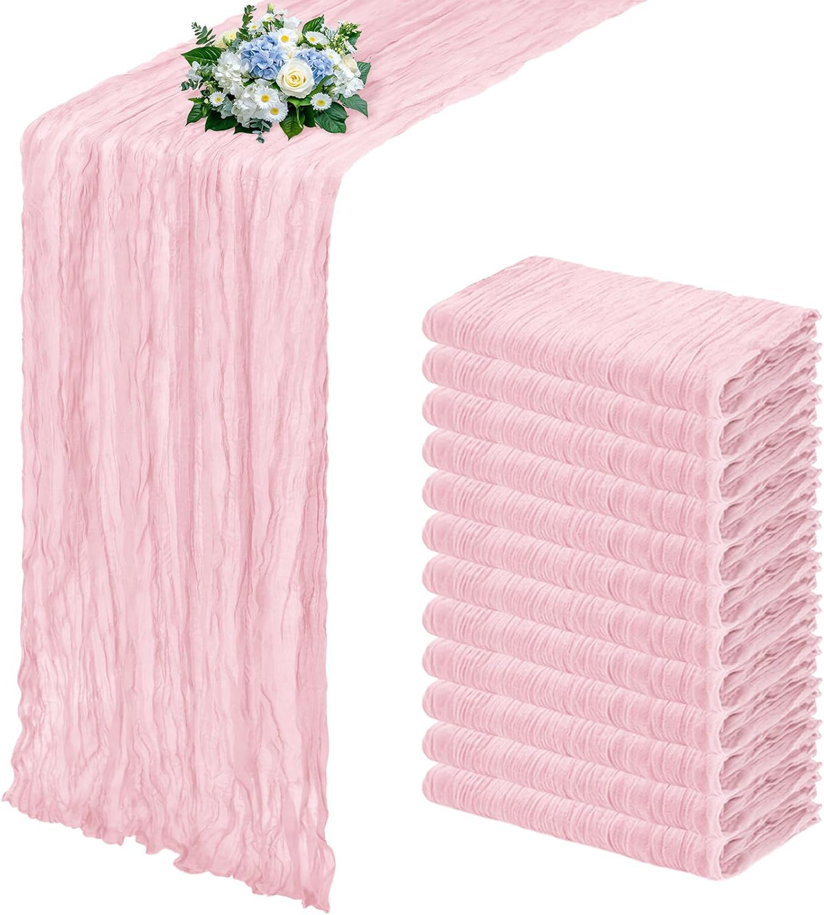 12 Pack Light Pink Cheesecloth Table Runner 17x108 Inch Semi Sheer Boho Gauze Cheese Cloth Fabric Table Runners, for Wedding Party Baby Shower Birthday Home Decor Garden Farmhouse