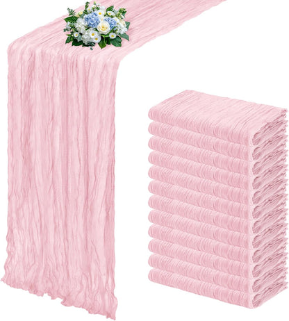 12 Pack Light Pink Cheesecloth Table Runner 17x108 Inch Semi Sheer Boho Gauze Cheese Cloth Fabric Table Runners, for Wedding Party Baby Shower Birthday Home Decor Garden Farmhouse