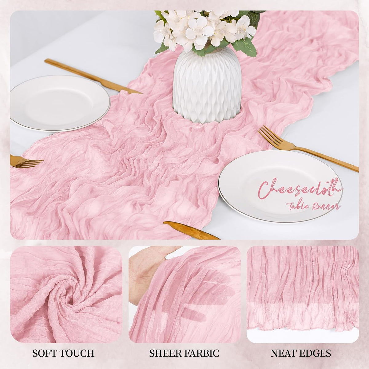 12 Pack Light Pink Cheesecloth Table Runner 17x108 Inch Semi Sheer Boho Gauze Cheese Cloth Fabric Table Runners, for Wedding Party Baby Shower Birthday Home Decor Garden Farmhouse
