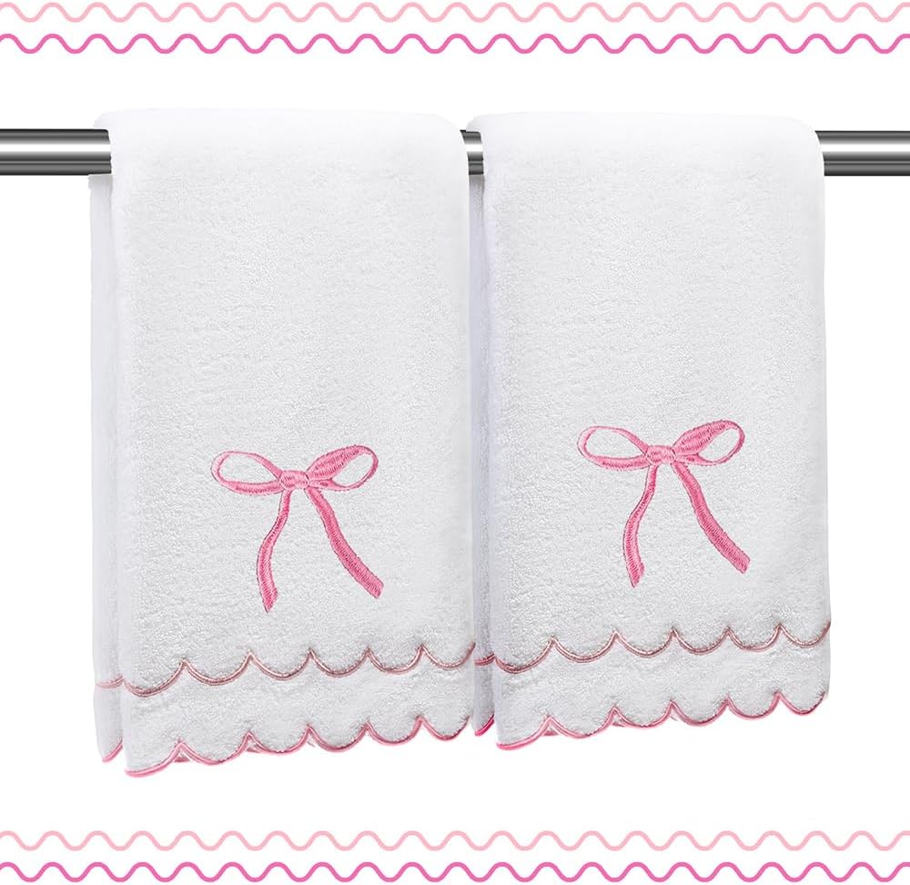 100% Cotton 600 GSM Fingertip Towels Cute Soft Absorbent Embroidered Scalloped Hand Towels Decorative for Bathroom Home Hotels (Bow Pink, 2-Pack 27" L x 16" W)