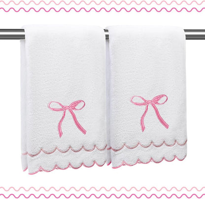 100% Cotton 600 GSM Fingertip Towels Cute Soft Absorbent Embroidered Scalloped Hand Towels Decorative for Bathroom Home Hotels (Bow Pink, 2-Pack 27" L x 16" W)