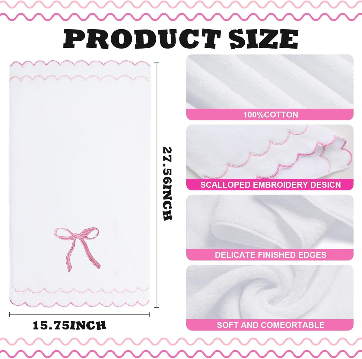 100% Cotton 600 GSM Fingertip Towels Cute Soft Absorbent Embroidered Scalloped Hand Towels Decorative for Bathroom Home Hotels (Bow Pink, 2-Pack 27" L x 16" W)