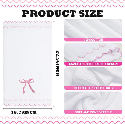 100% Cotton 600 GSM Fingertip Towels Cute Soft Absorbent Embroidered Scalloped Hand Towels Decorative for Bathroom Home Hotels (Bow Pink, 2-Pack 27" L x 16" W)