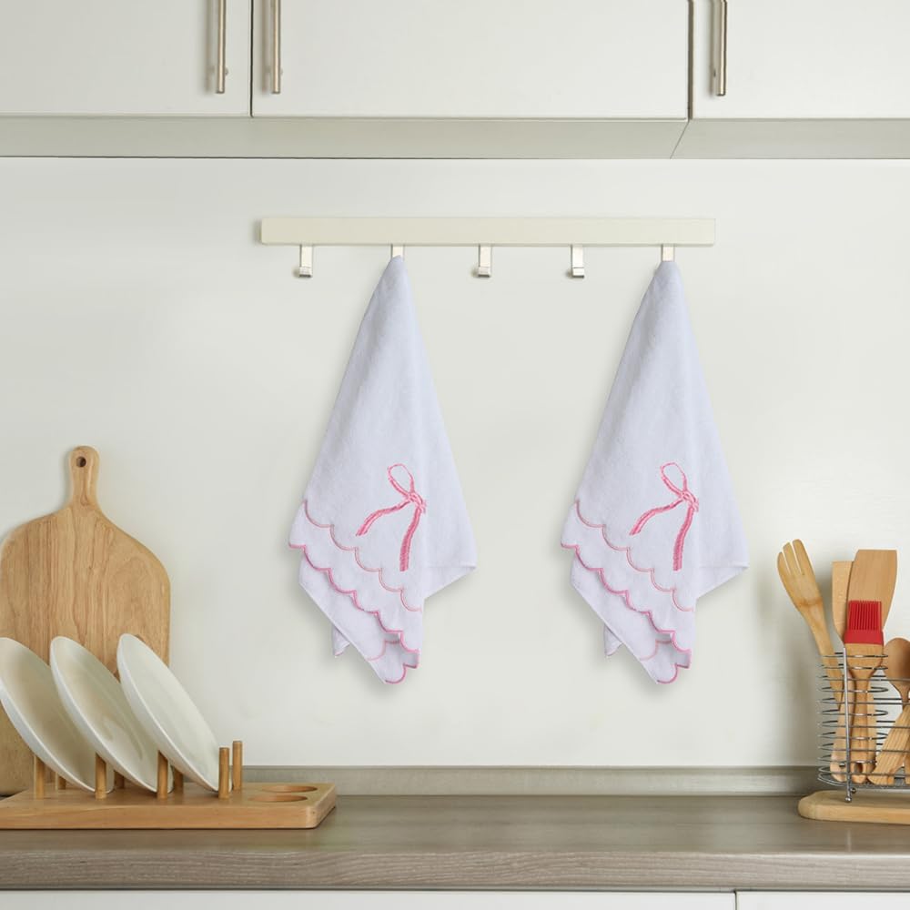 100% Cotton 600 GSM Fingertip Towels Cute Soft Absorbent Embroidered Scalloped Hand Towels Decorative for Bathroom Home Hotels (Bow Pink, 2-Pack 27" L x 16" W)