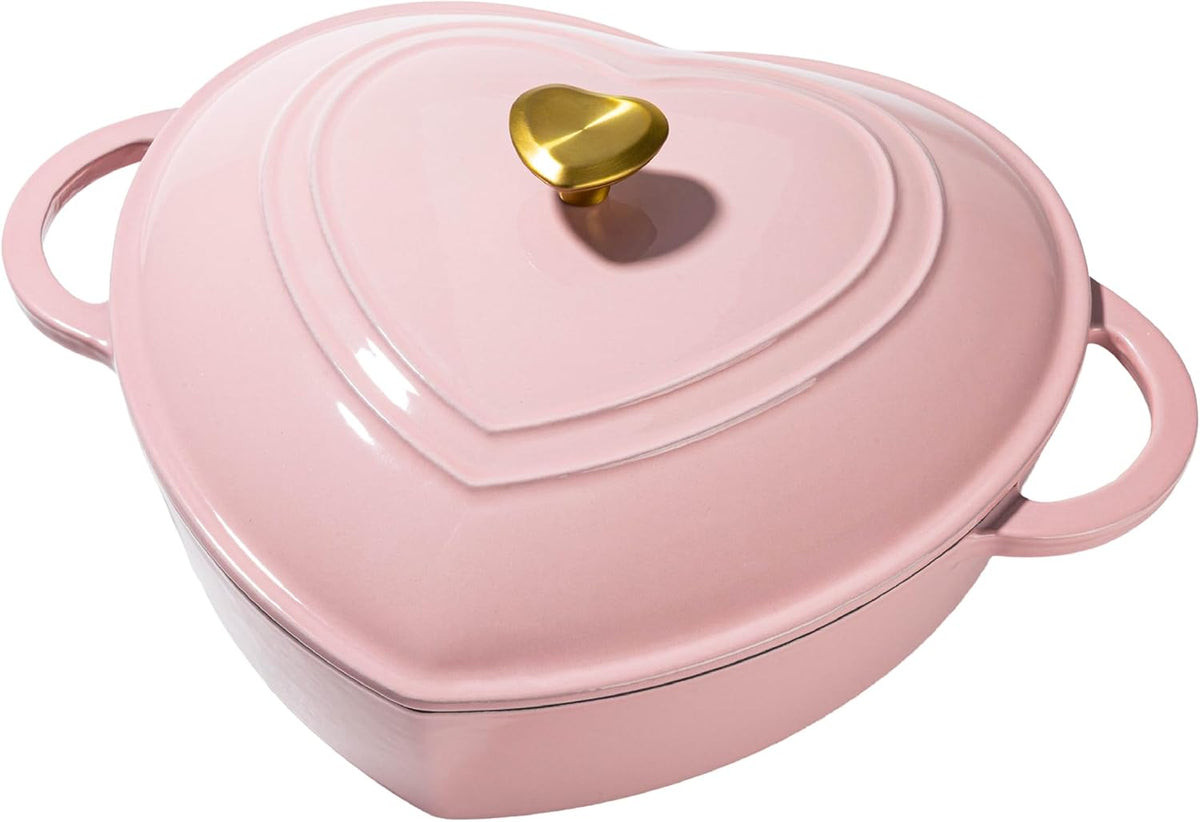 Paris Hilton Enameled Cast Iron Braiser, Heart-Shaped Skillet with Lid, Superior Heat Retention Casserole, Stovetop and Oven-to-Table, 3.5-Quart, Pink