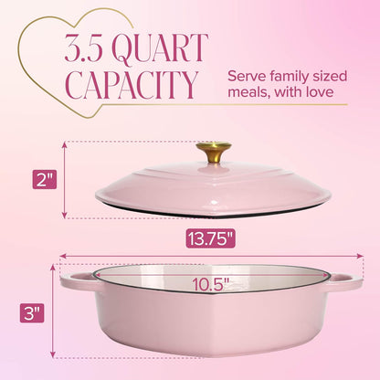 Paris Hilton Enameled Cast Iron Braiser, Heart-Shaped Skillet with Lid, Superior Heat Retention Casserole, Stovetop and Oven-to-Table, 3.5-Quart, Pink