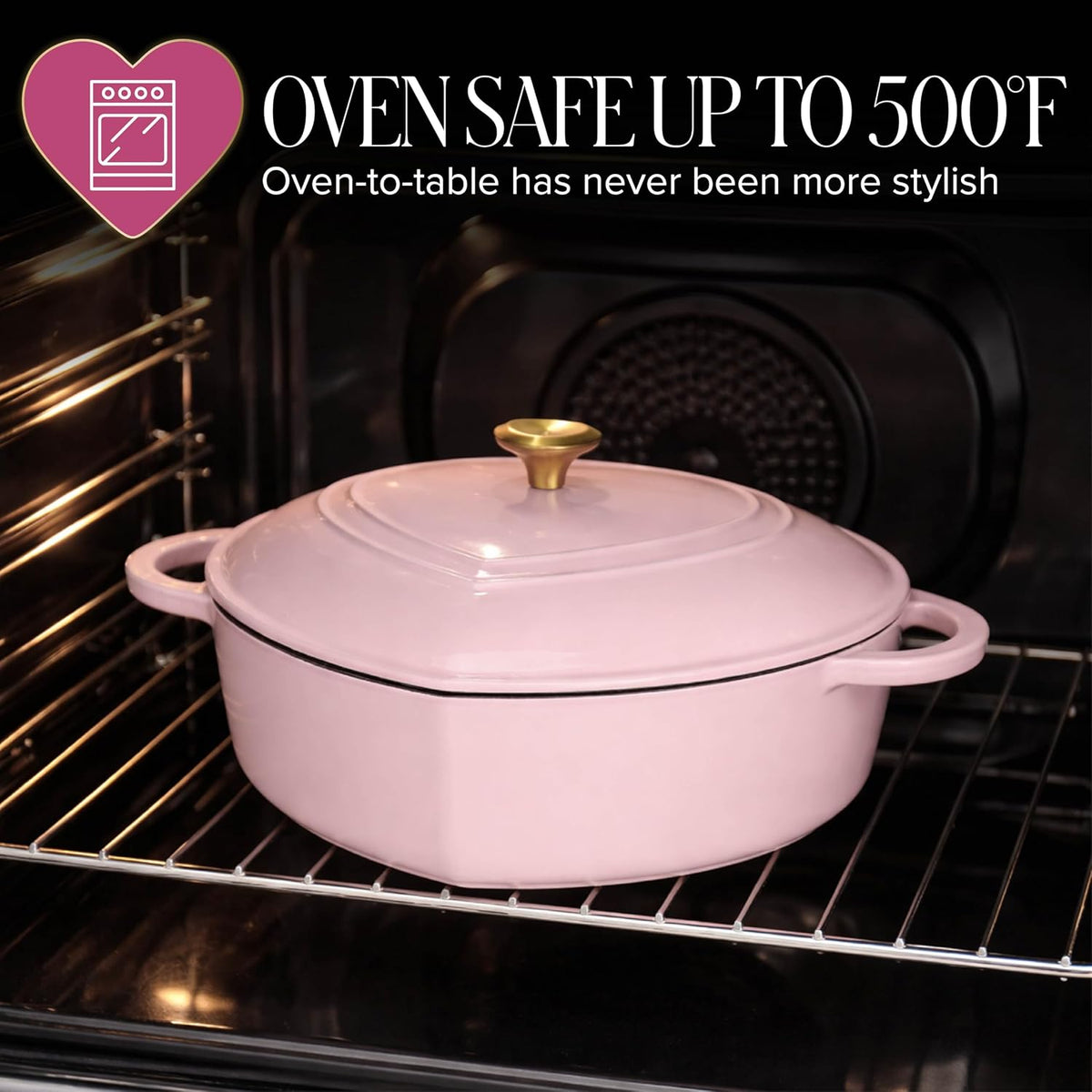 Paris Hilton Enameled Cast Iron Braiser, Heart-Shaped Skillet with Lid, Superior Heat Retention Casserole, Stovetop and Oven-to-Table, 3.5-Quart, Pink