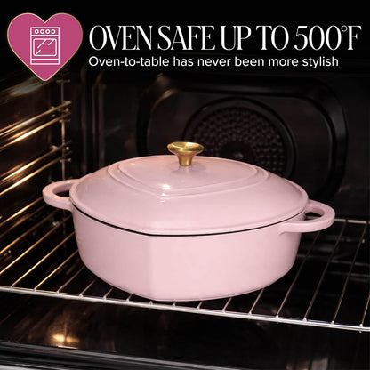 Paris Hilton Enameled Cast Iron Braiser, Heart-Shaped Skillet with Lid, Superior Heat Retention Casserole, Stovetop and Oven-to-Table, 3.5-Quart, Pink