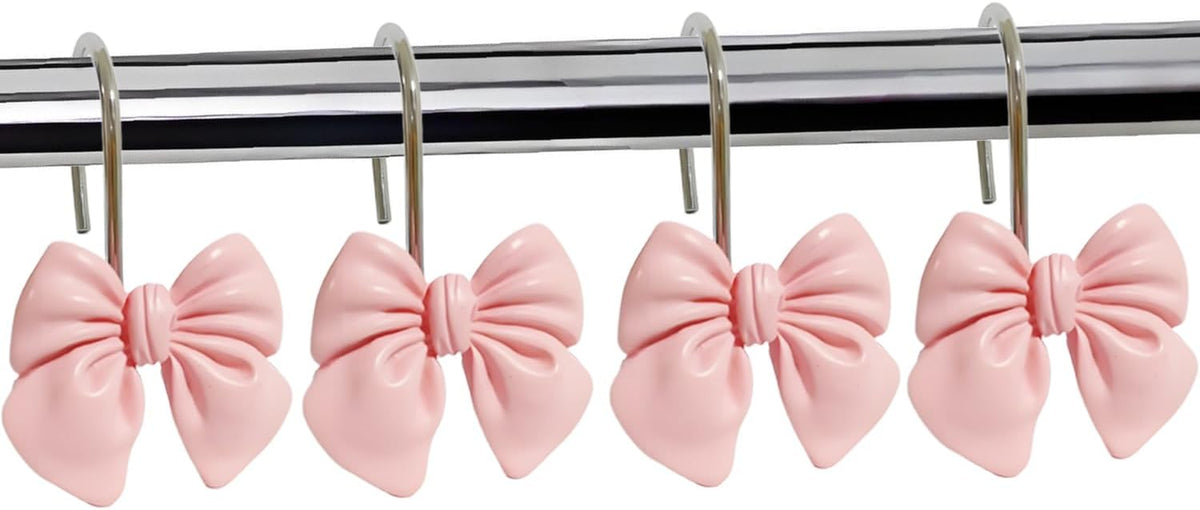 12pcs Decorative Shower Curtain Hooks Rust Proof Metal Shower Curtain Rings Pink Bow Knot Resin Curtain Hooks Shower Rings for Bathroom Baby Room Nursery Art Decors