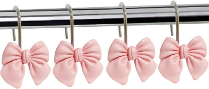 12pcs Decorative Shower Curtain Hooks Rust Proof Metal Shower Curtain Rings Pink Bow Knot Resin Curtain Hooks Shower Rings for Bathroom Baby Room Nursery Art Decors
