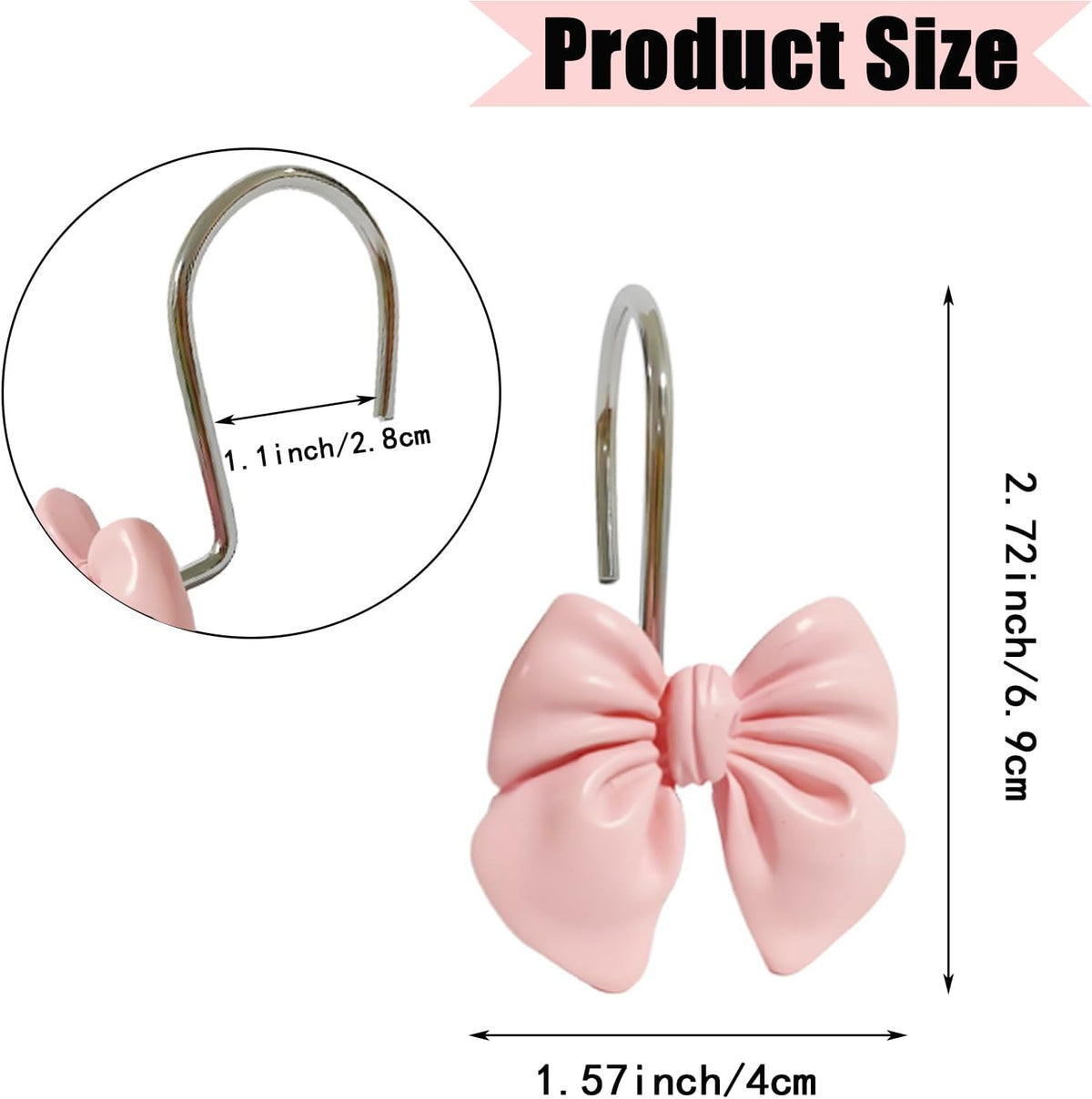 12pcs Decorative Shower Curtain Hooks Rust Proof Metal Shower Curtain Rings Pink Bow Knot Resin Curtain Hooks Shower Rings for Bathroom Baby Room Nursery Art Decors