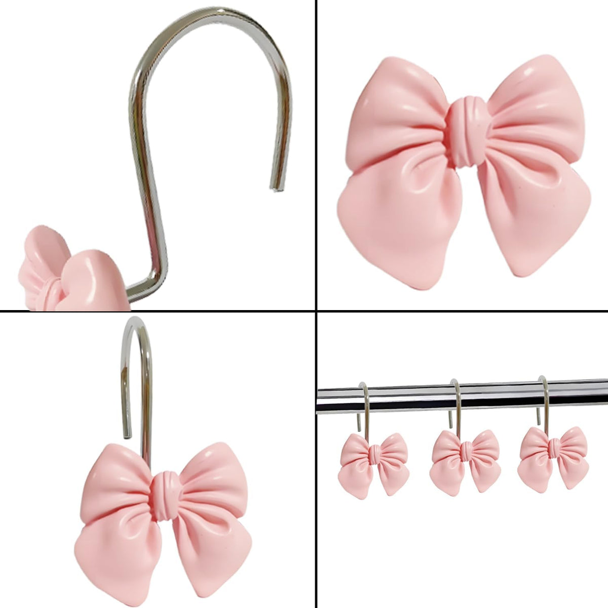 12pcs Decorative Shower Curtain Hooks Rust Proof Metal Shower Curtain Rings Pink Bow Knot Resin Curtain Hooks Shower Rings for Bathroom Baby Room Nursery Art Decors