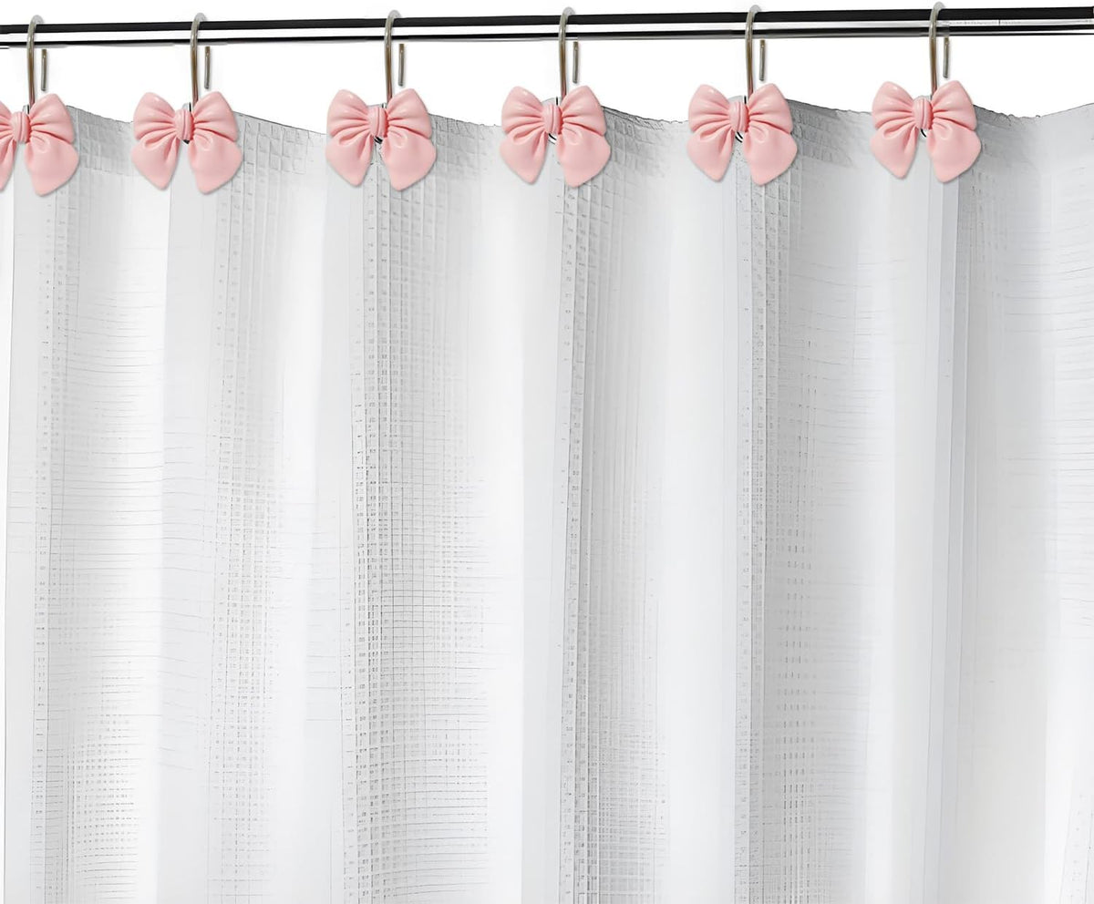 12pcs Decorative Shower Curtain Hooks Rust Proof Metal Shower Curtain Rings Pink Bow Knot Resin Curtain Hooks Shower Rings for Bathroom Baby Room Nursery Art Decors