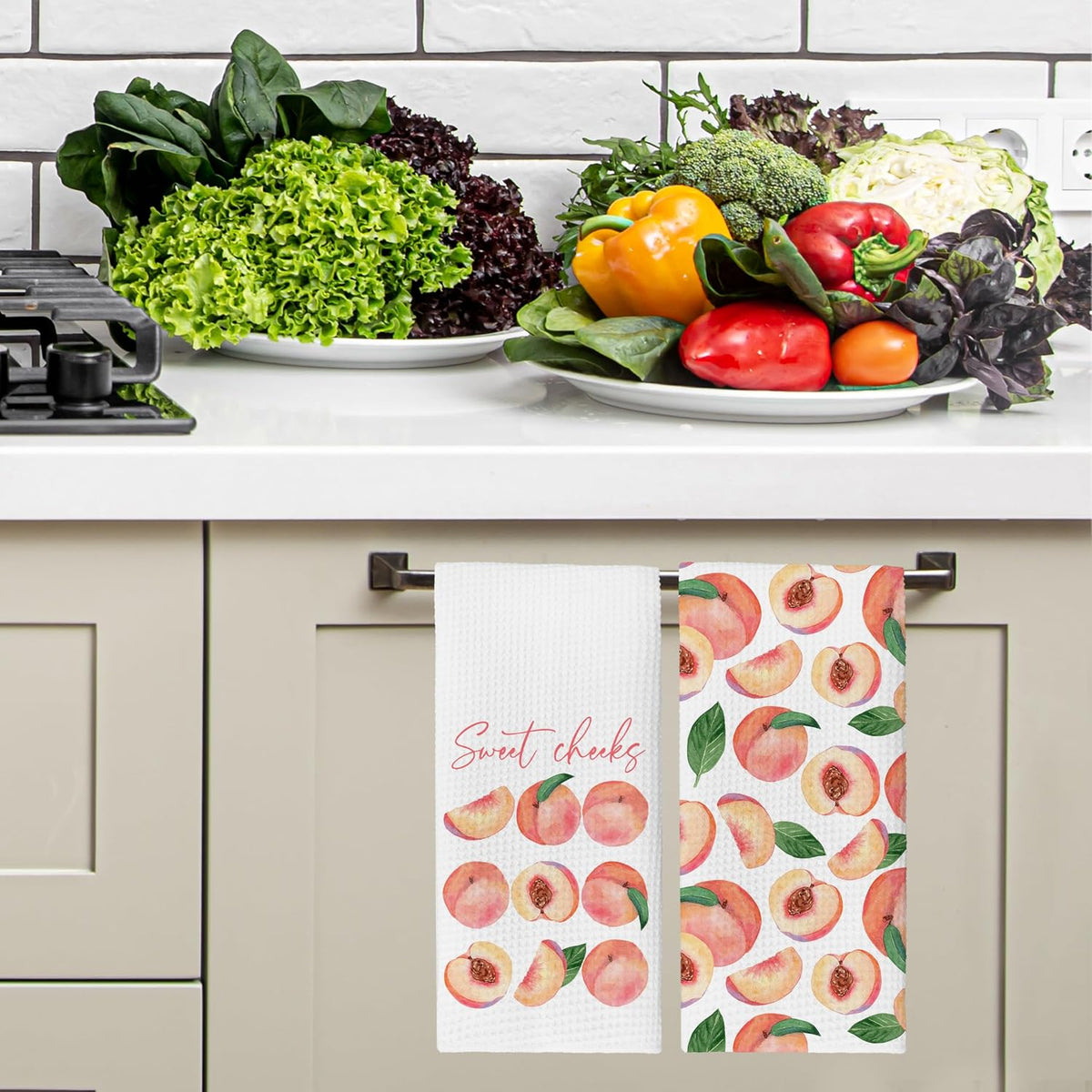 Watercolor Peach Kitchen Towels,16x24 Inches Set of 2,Sweet Cheeks Pink Calligraphy Farmhouse Dish Towels for Summer Home Bathroom Kitchen.(036)