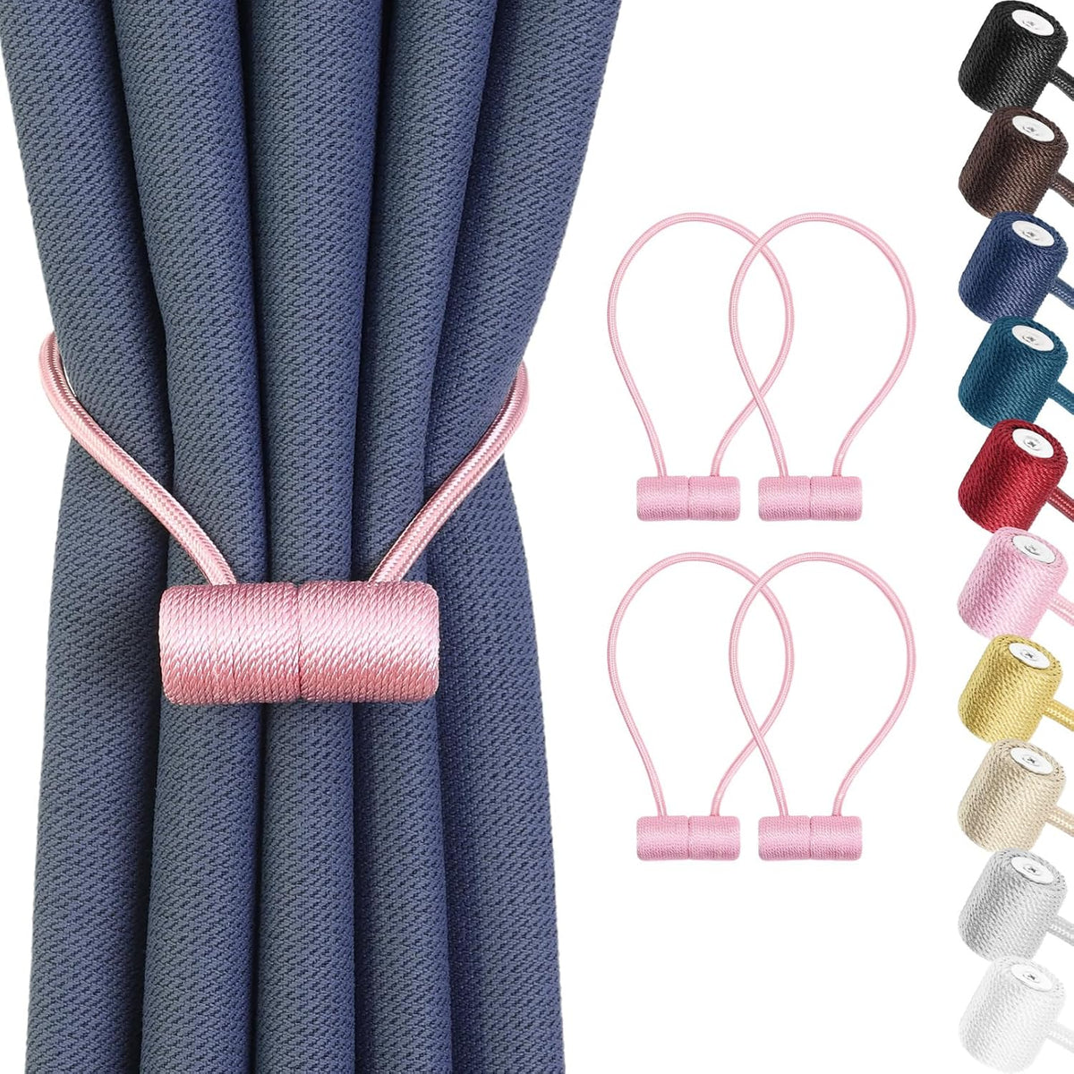Magnetic Curtain Tiebacks 4 Pack, Curtain Tie Backs Holder, Outdoor Curtains Tiebacks Window Treatment Holdbacks with Strong Magnet Modern Rope Tiebacks Decorative All Drape Curtains - Pink