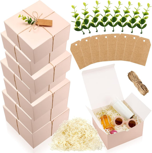 8 Pack Gift Boxes with Lids, 8x8x4 Inch Light Pink Bridesmaid Proposal Gift Box with Shredded Paper, Twine, Tags & Eucalyptus Leaves for Presents, Wedding, Birthday, Christmas, Baby Shower