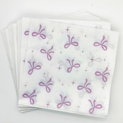 100Pcs Pink Bow Cocktail Napkins Conquette Birthday Decorations Napkins Pink Bow Dessert Napkins For Pink Bow Theme Bachelorette Bridal Baby Shower Bow Girl Birthday Party Decor (White)