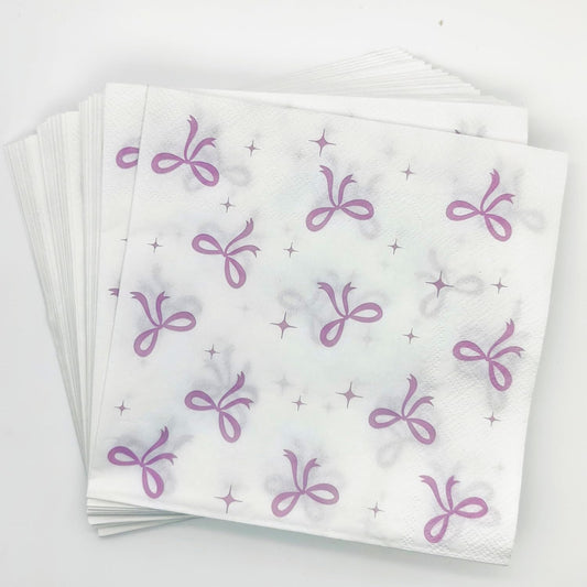 100Pcs Pink Bow Cocktail Napkins Conquette Birthday Decorations Napkins Pink Bow Dessert Napkins For Pink Bow Theme Bachelorette Bridal Baby Shower Bow Girl Birthday Party Decor (White)