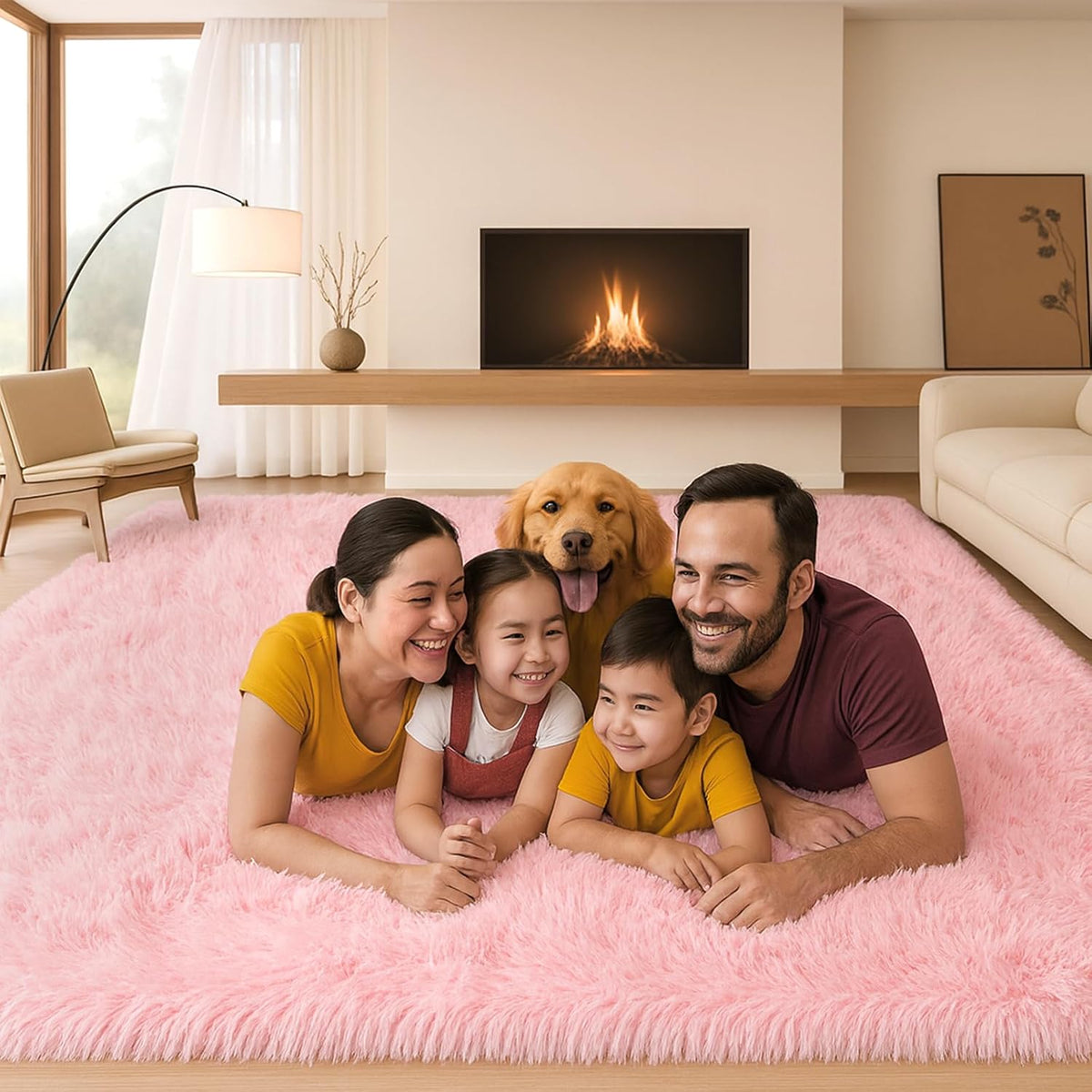 8x10 Pink Fluffy Shag Area Rug, Non-Slip Soft Carpet for Home