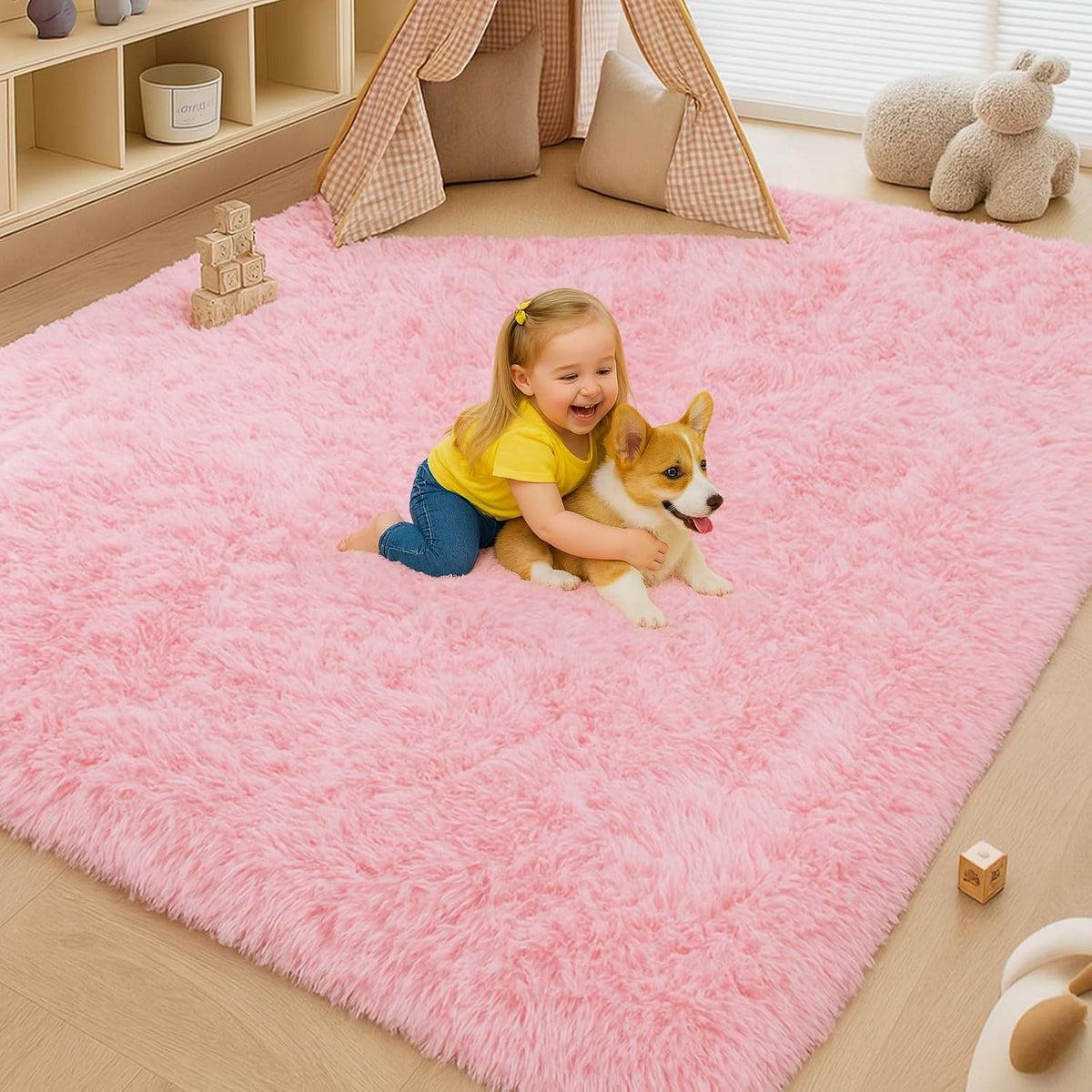 8x10 Pink Fluffy Shag Area Rug, Non-Slip Soft Carpet for Home
