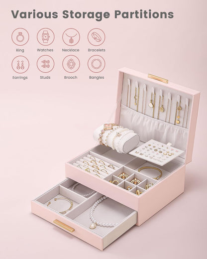2-Layer Jewelry Box Organizer Holder for Women Girls Mom -Pink