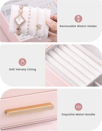 2-Layer Jewelry Box Organizer Holder for Women Girls Mom -Pink