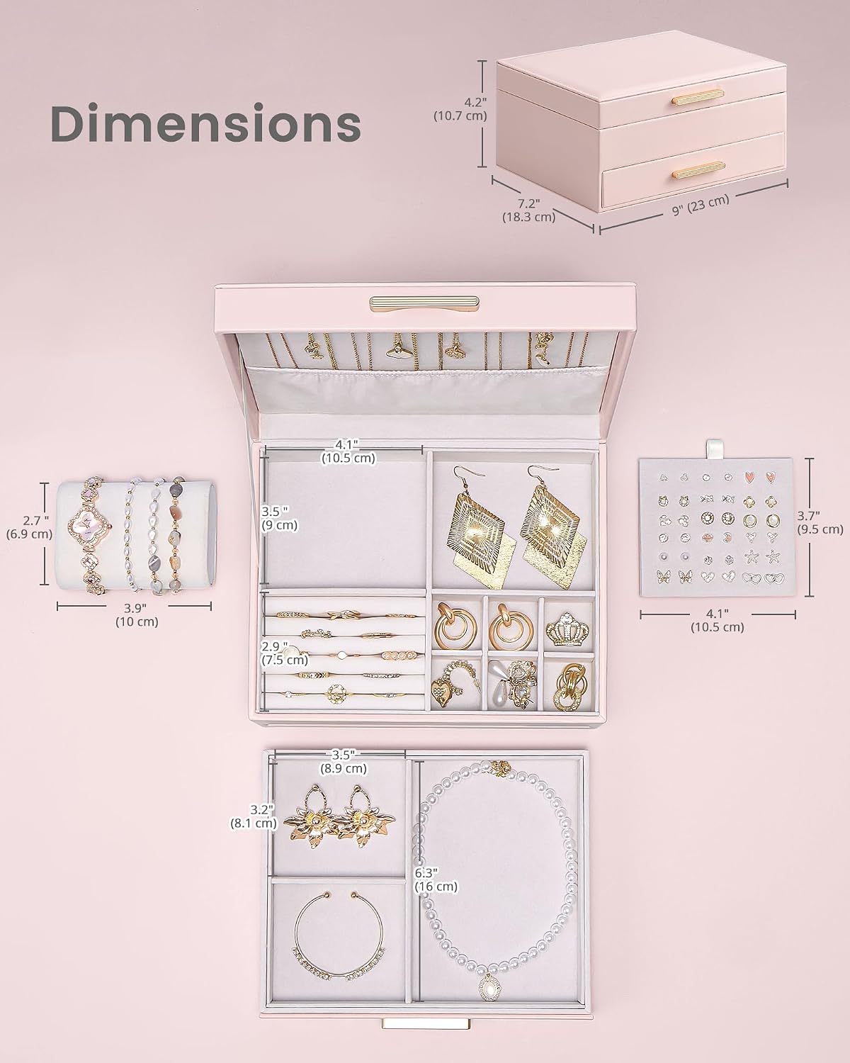 2-Layer Jewelry Box Organizer Holder for Women Girls Mom -Pink