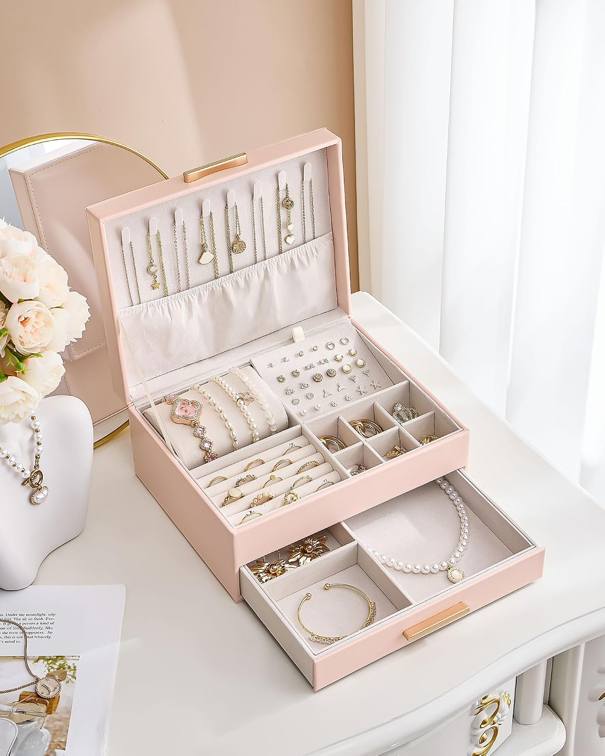 2-Layer Jewelry Box Organizer Holder for Women Girls Mom -Pink