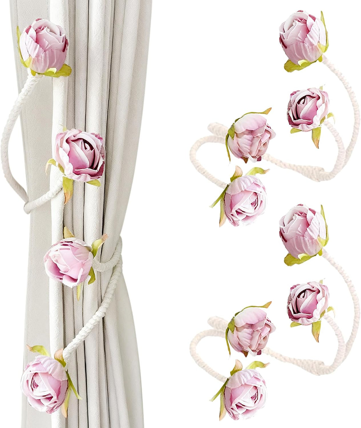Decorative Pink Rose Curtain Tieback with Artificial Flowers, Pink Roses on White Twisted Rope, Woven Rope Curtain Holdbacks, Elegant Window Treatment 2pcs (2)