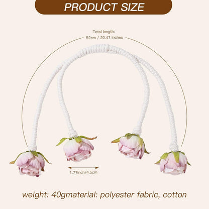 Decorative Pink Rose Curtain Tieback with Artificial Flowers, Pink Roses on White Twisted Rope, Woven Rope Curtain Holdbacks, Elegant Window Treatment 2pcs (2)