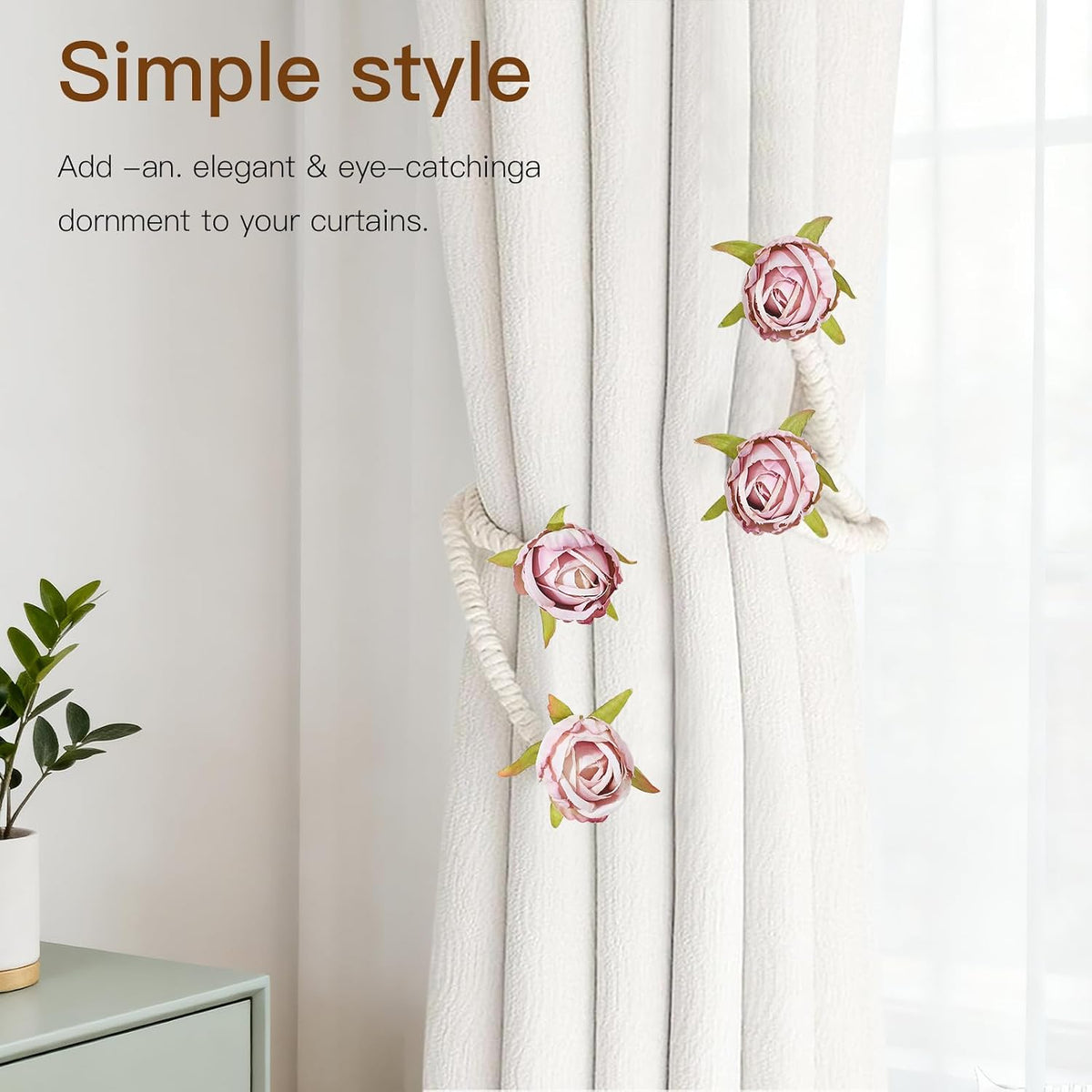 Decorative Pink Rose Curtain Tieback with Artificial Flowers, Pink Roses on White Twisted Rope, Woven Rope Curtain Holdbacks, Elegant Window Treatment 2pcs (2)