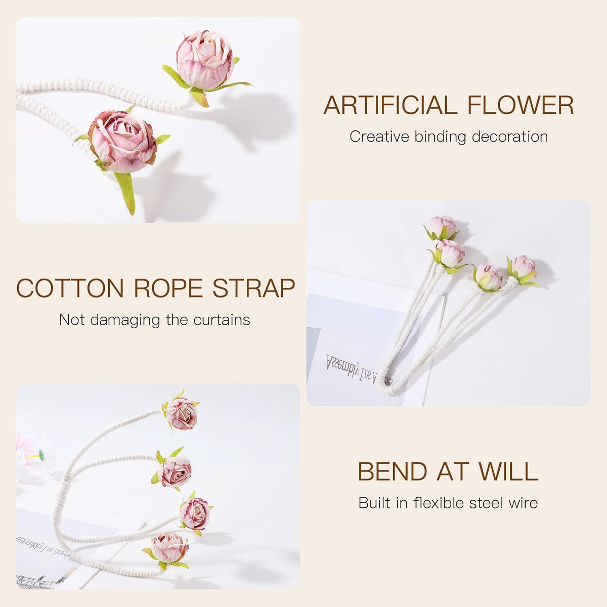 Decorative Pink Rose Curtain Tieback with Artificial Flowers, Pink Roses on White Twisted Rope, Woven Rope Curtain Holdbacks, Elegant Window Treatment 2pcs (2)
