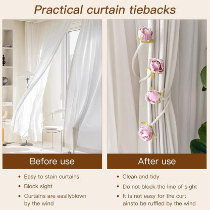 Decorative Pink Rose Curtain Tieback with Artificial Flowers, Pink Roses on White Twisted Rope, Woven Rope Curtain Holdbacks, Elegant Window Treatment 2pcs (2)