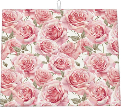 Pink Rose Dish Drying Mat For Kitchen Counter Romantic Floral Dry Mats Microfiber Dish Drainer Mat Protector Pad Absorbent Fast Drying Kitchen Must-Have 16x18 Inch