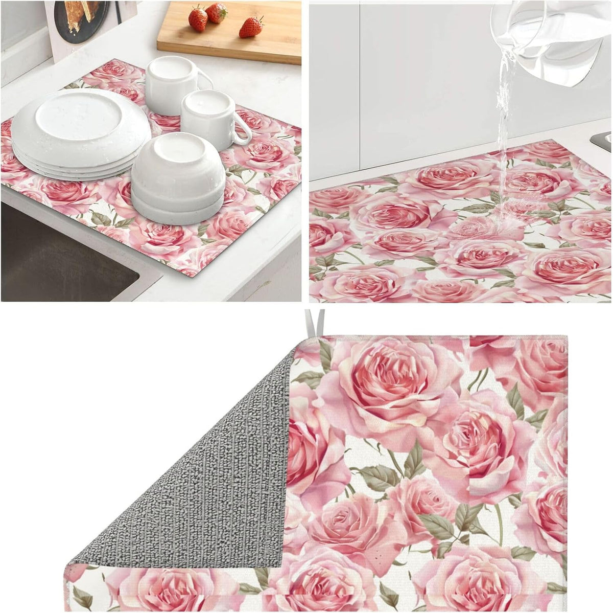 Pink Rose Dish Drying Mat For Kitchen Counter Romantic Floral Dry Mats Microfiber Dish Drainer Mat Protector Pad Absorbent Fast Drying Kitchen Must-Have 16x18 Inch
